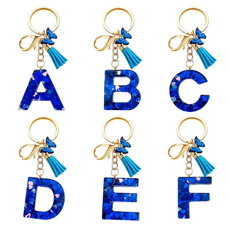 1Piece Royal Blue 26 Initial Letter Butterfly Tassel Pendant Keychain Backpack Hangings Decoration