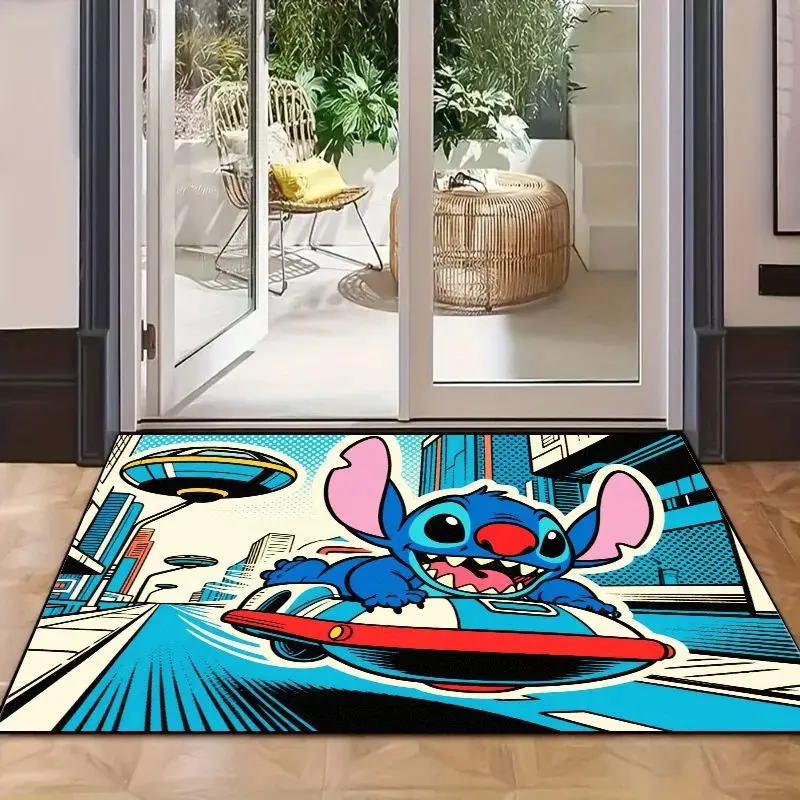 1PC Disney Lilo & Stitch Anime Cartoon Character Floor Mat, Dynamic Sci-Fi Stitch on Hoverboard Area Rug, Non-Slip Entrance Door