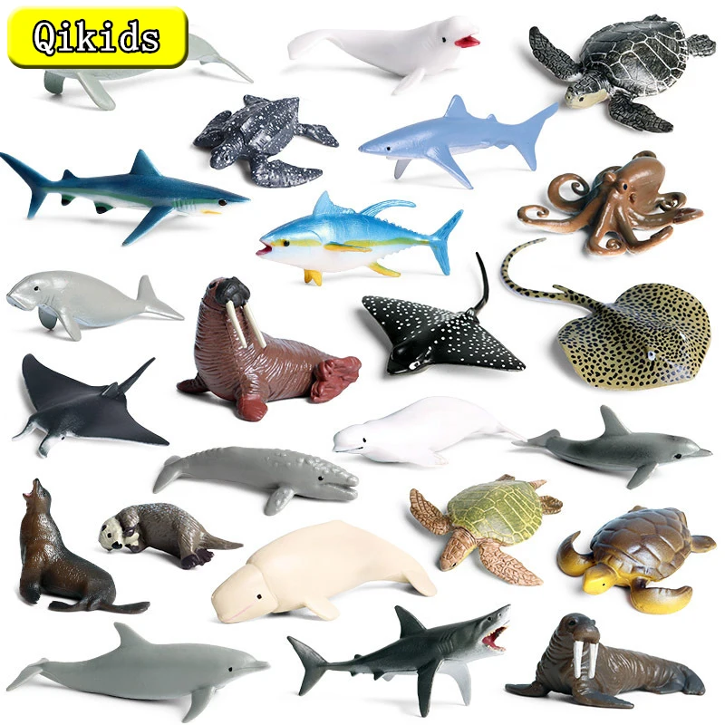 Realistic Mini Sea Animal Figures Dolphin Sharks Whales Octopus Turtle Stingray Ocean Animals Figurine Cake Topper Kid Toys Gift