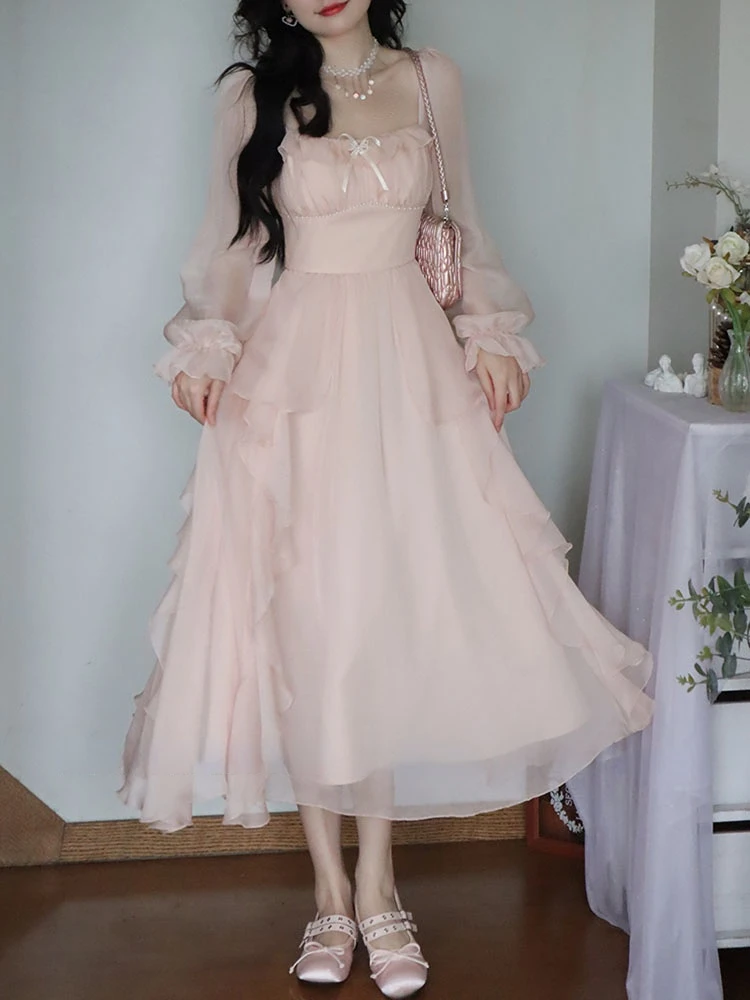 2023 Summer Pink Chiffon Vintage Fairy Dress Women Korean Style Elegant Party Midi Dress Female Court Retro Flare Sleeve Dresses