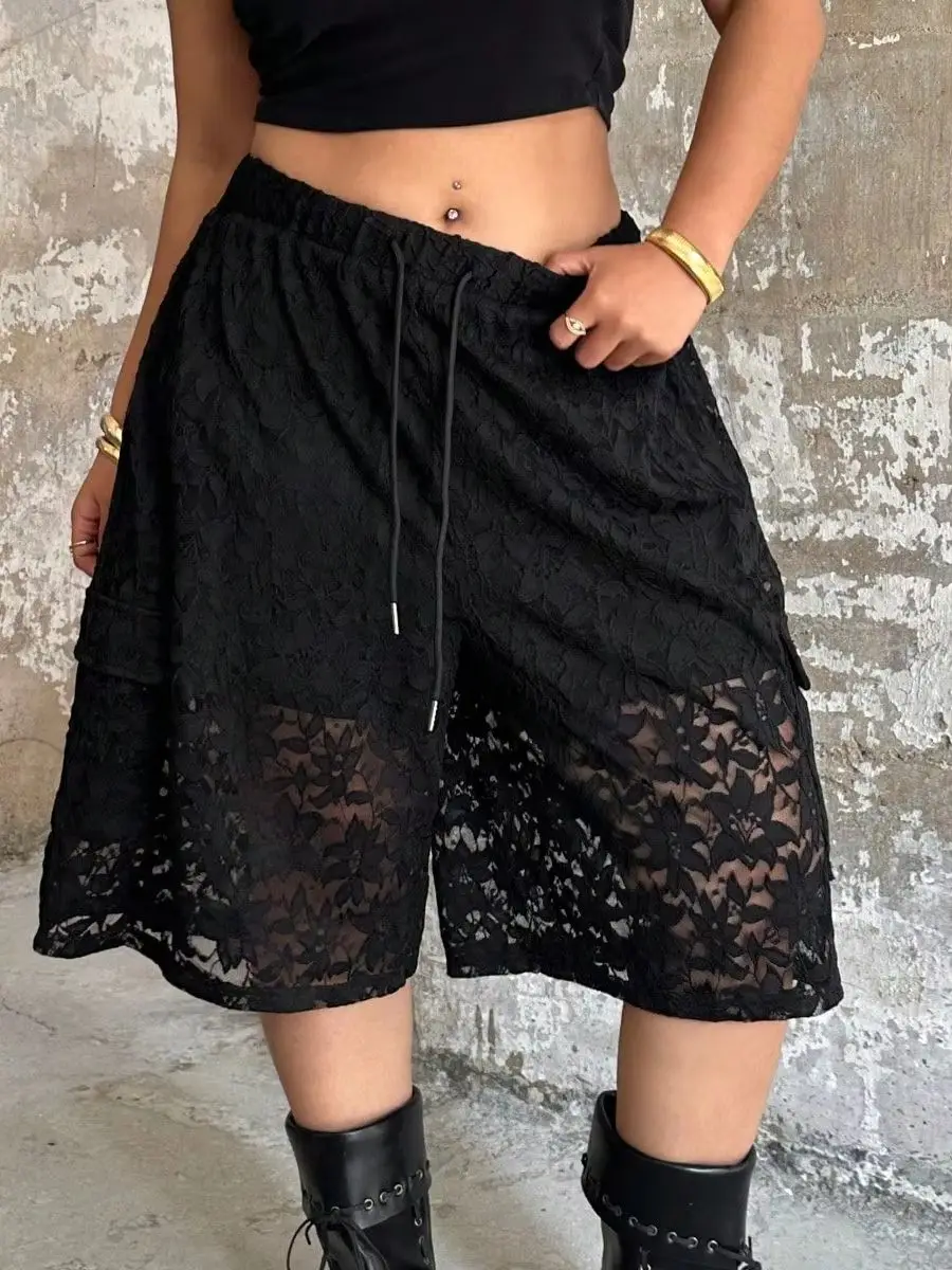 Plus-Size Damen Spitzen-Cargo-Bermudashorts, Sommer-Shorts mit elastischem Kordelzug in der Taille, ausgeschnittenem Blumenmuster und knielanger Länge, Y2K Streetwear – Detail 1