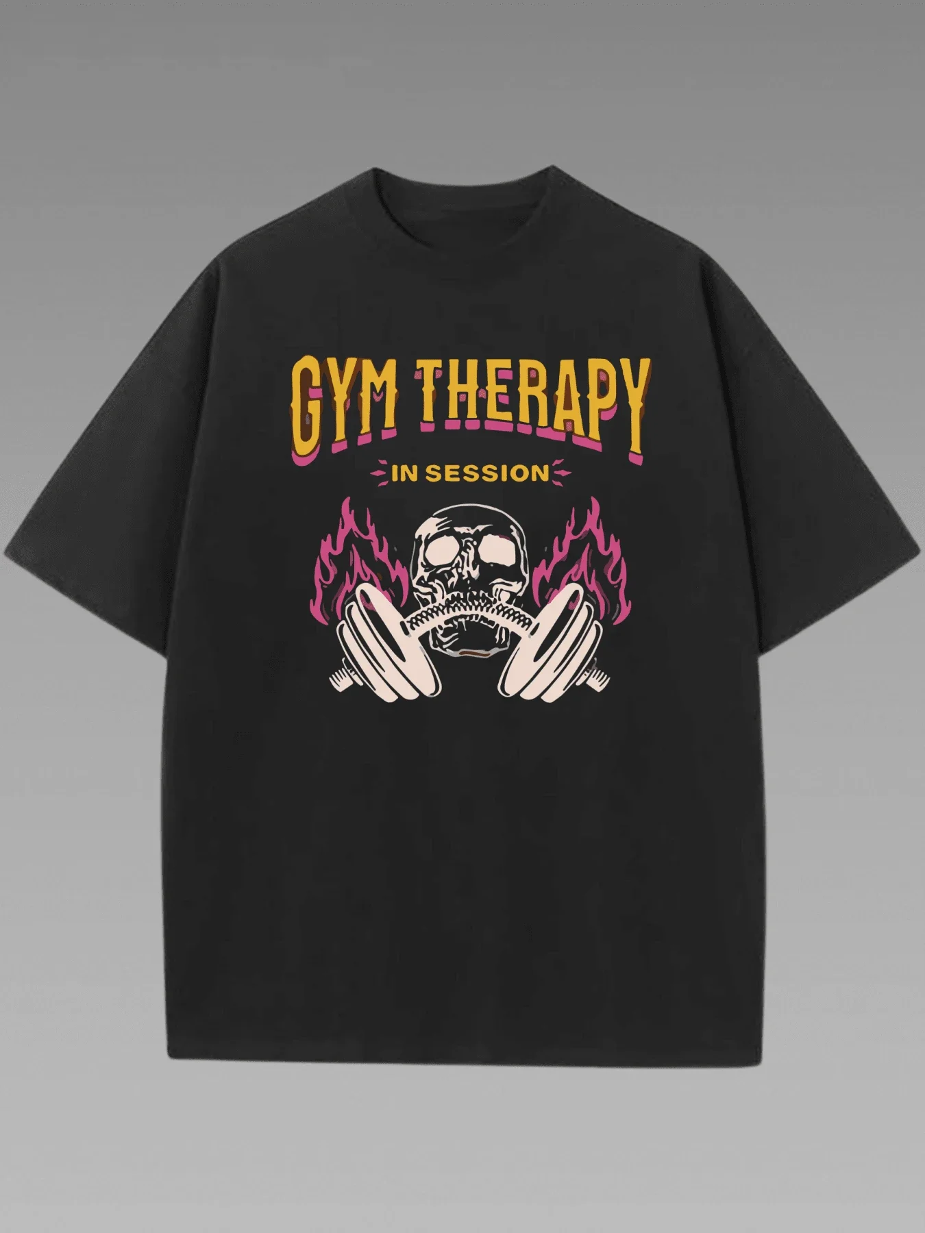 

Plus - Size Fitness - themed Graphic Tee, Black Short - Sleeve with “GYM THERAPY” Print