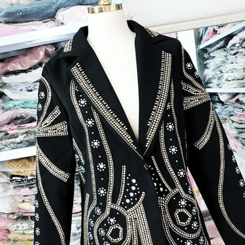 Fashion Slim High-end Long-sleeved Suit Rhinestone Jacket Female Personality Suit Jackets Y2K Vintage Top Womens Clothing Goth