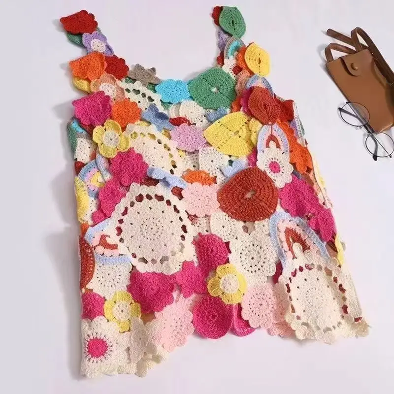 Colorful Dopamine Floral Crochet Hollow Out Blouse - Must-Have Item for Casual Hangouts & Vacation Travel