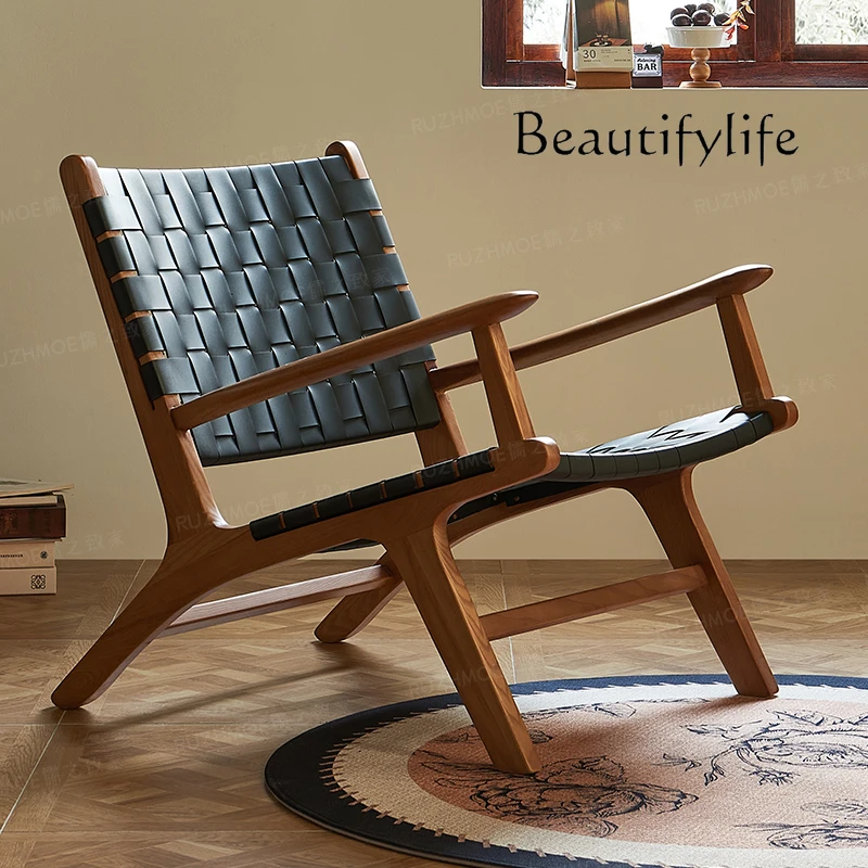 

Retro single sofa chair solid wood with armrests leisure recliner small apartment saddle leather balcony rest chair household