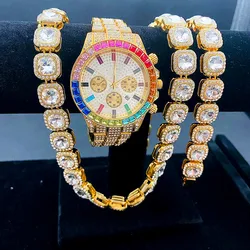 3 pezzi Iced Out Watch bracciale collane per uomo donna coppia colore oro orologio catena Cubana CZ Bling Set di gioielli per orologi da uomo