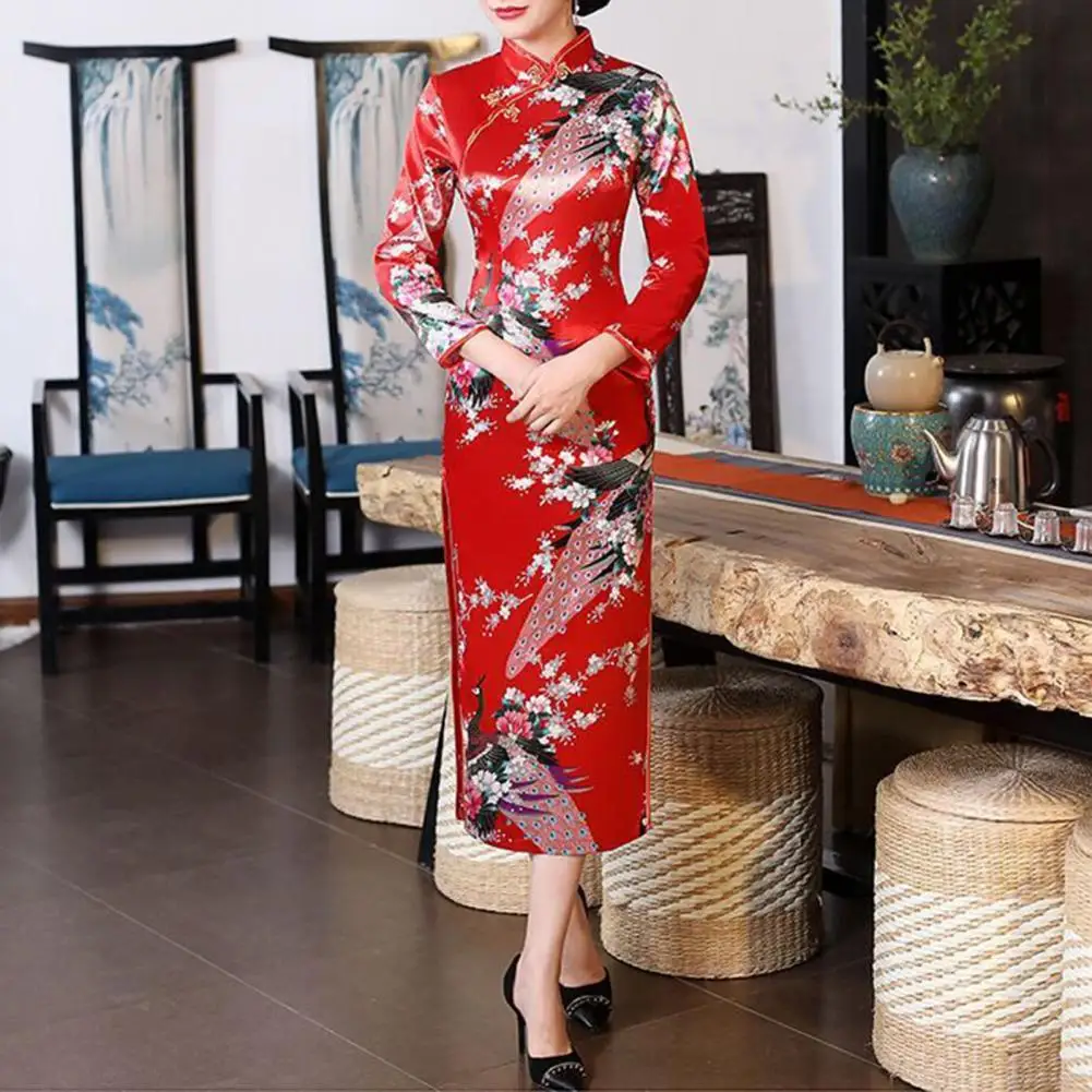 Women Cheongsam Dress Floral Print Stand Collar 3/4 Sleeves High Side Split Qipao Dress Chinese Knot Buttons Satin Qipao