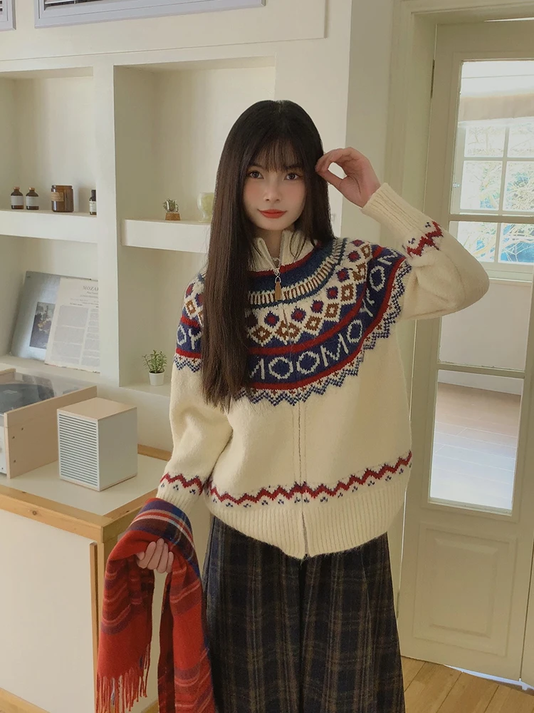 

Зимний утепленный мягкий вязаный кардиган с высоким воротником, свободного кроя, в университетском стиле, в стиле Ice Cream And We Fier Island