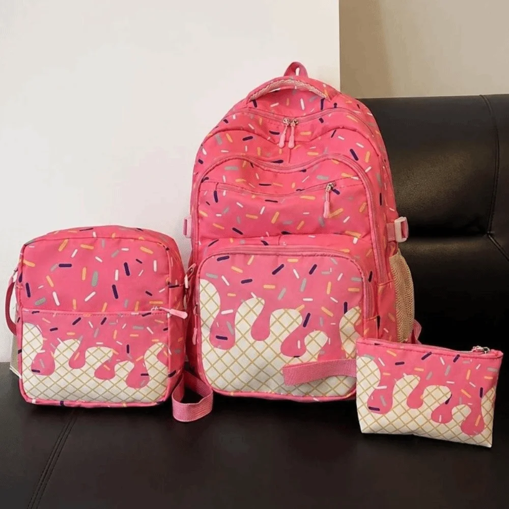 3PCS Cute Ice Cream Print Backpack Set Waterproof Spacious School Backpack Colorful Durable Printed Schoolbag Campus