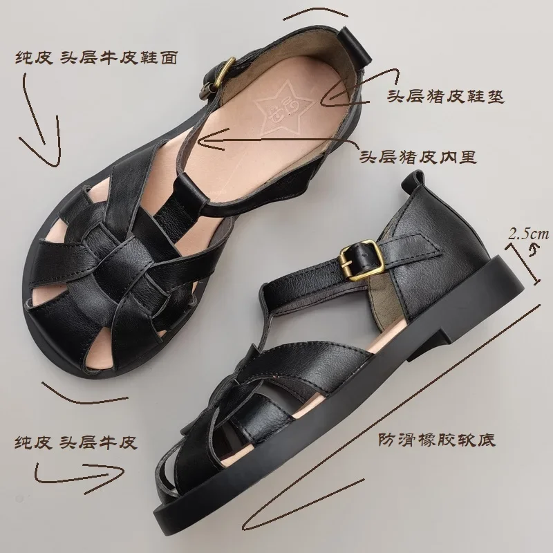 Careaymade-Genuine Leather big toe shoes wide sandals women's summer original single breathable soft bottom casual sandals - view 5