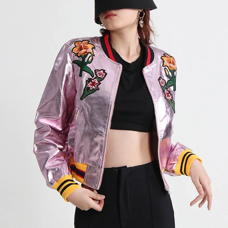 Streetwear Contrast Floral Embroidery Leather Jacket for Women 2024 New Spring Autumn Long Sleeved Cropped Bomber Jackets