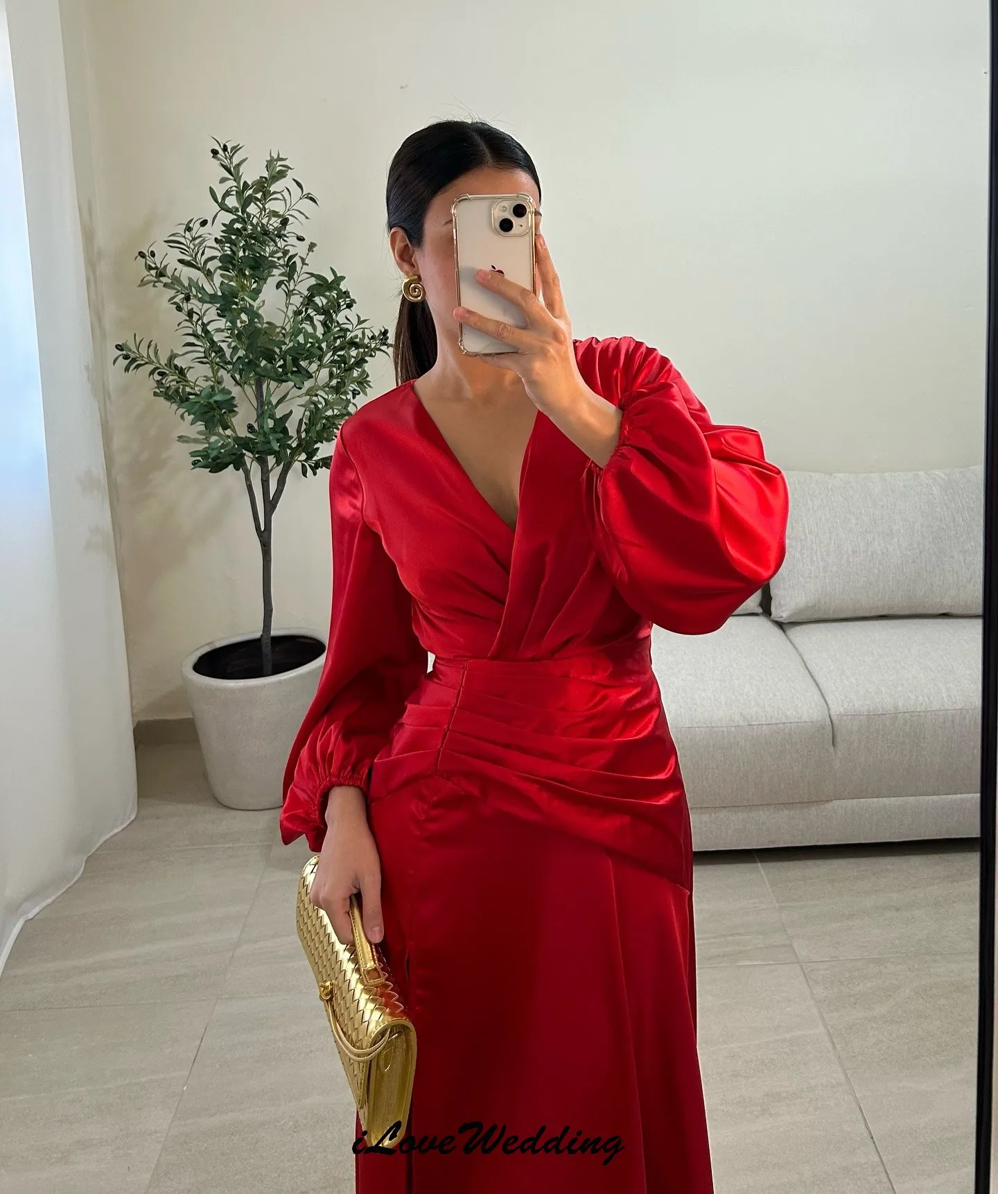 

Red V-Neck Satin Long Evening Dresses 2025 Long Sleeve Elegant Women Party Dress For Women Formal Gowns For Women Customized
