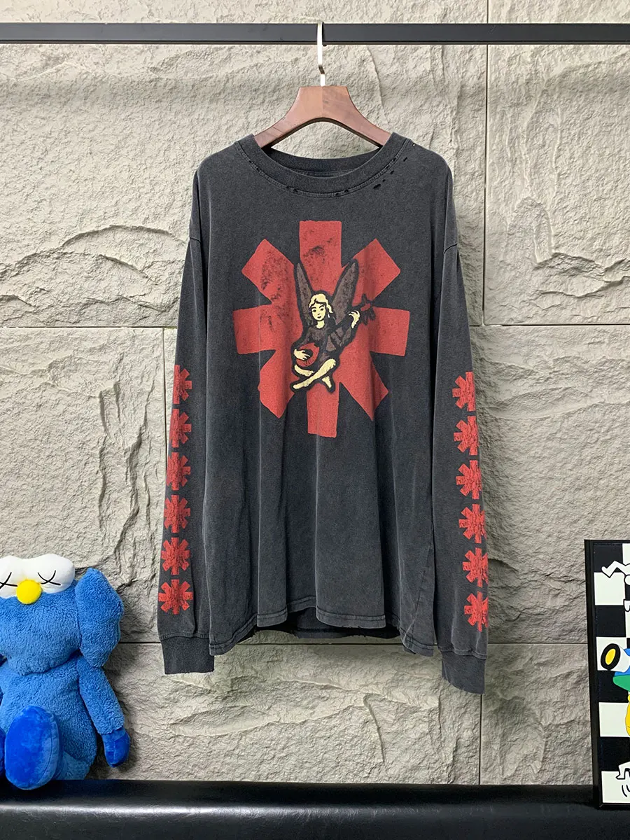 

Waed Cotton Long Sve T-irt Band Vintage Street Sle Printed Loose Fit Breathable Casual Tee