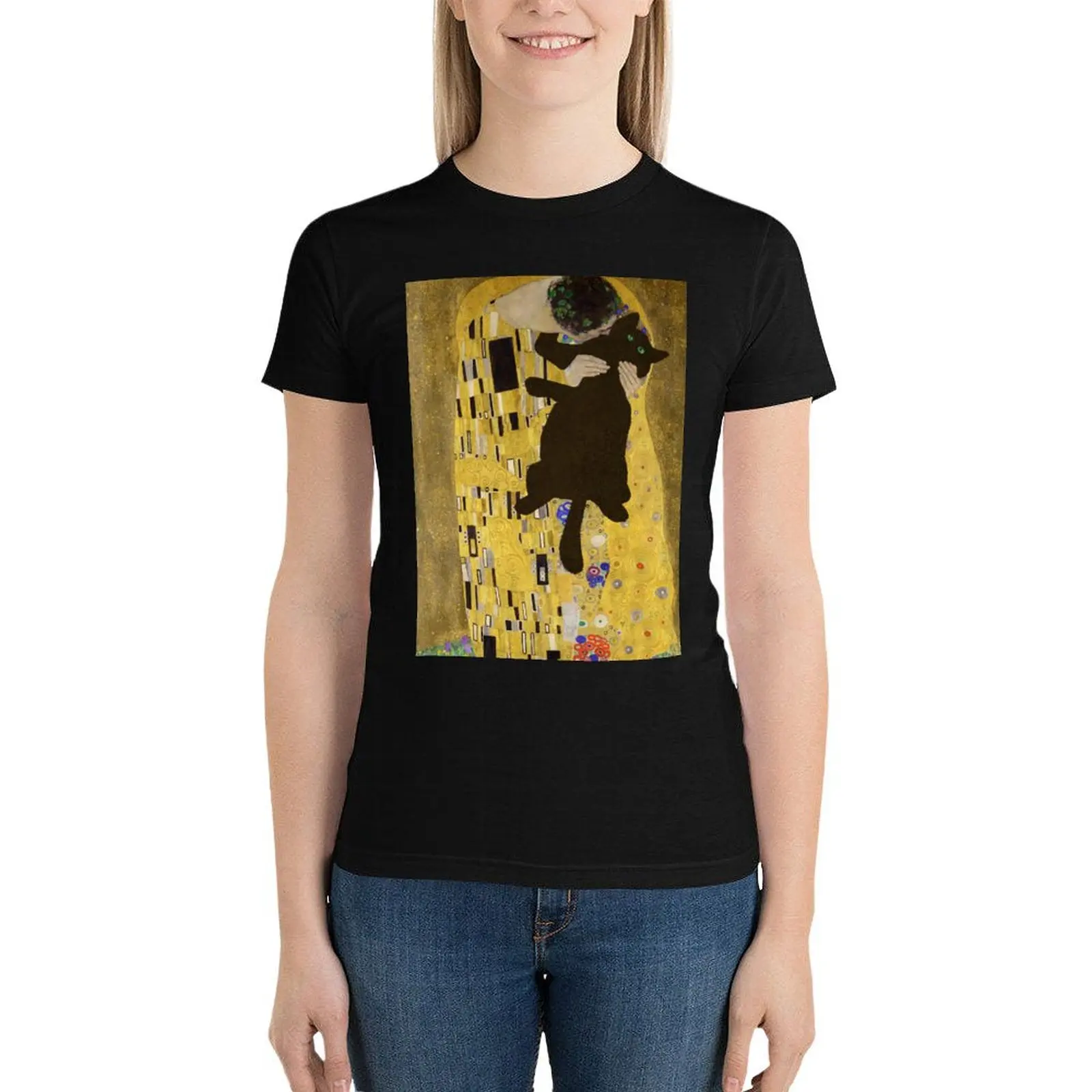 

Gustav Klimt Cat , Klimt the Kiss Cat, Funny Cat mom gift, Black Cat Art T-Shirt plain customizeds summer clothes for Women
