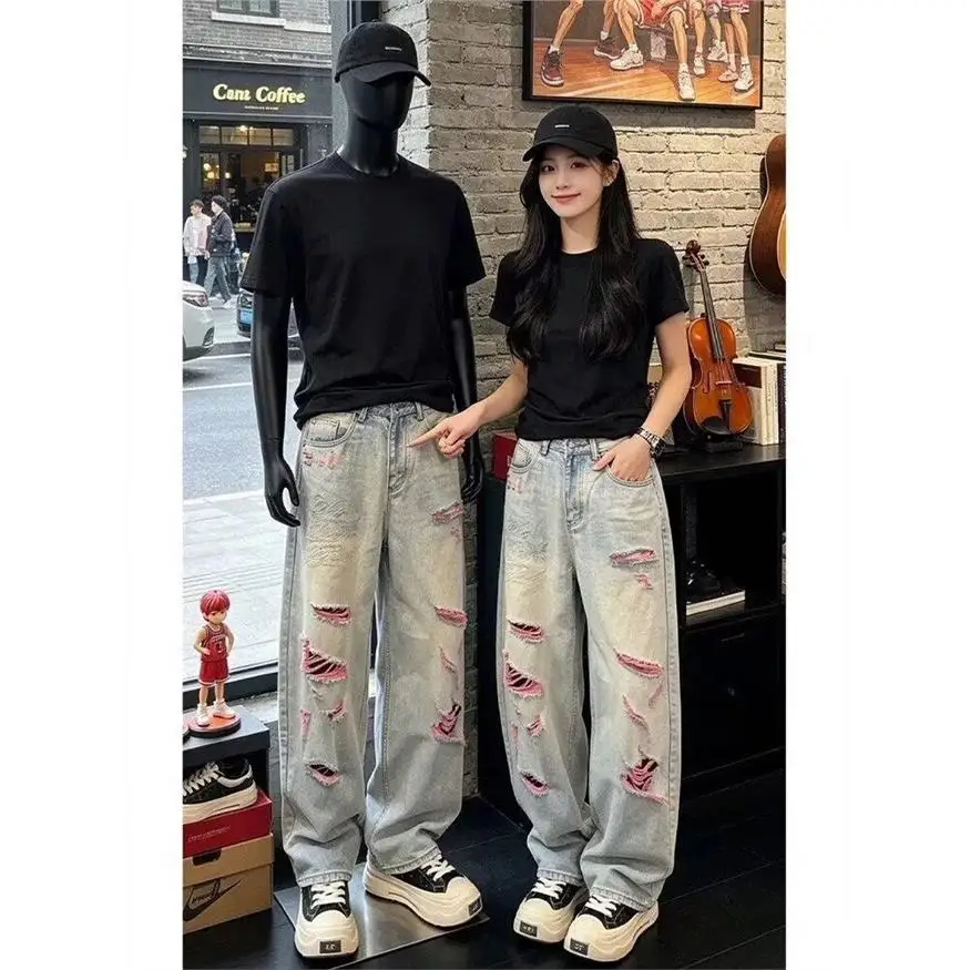 Calças Jeans Retrô Lavadas de Alta Resistência para Homens e Mulheres, Novo Estilo de Verão, Vintage Rosa com Bordado e Detal...