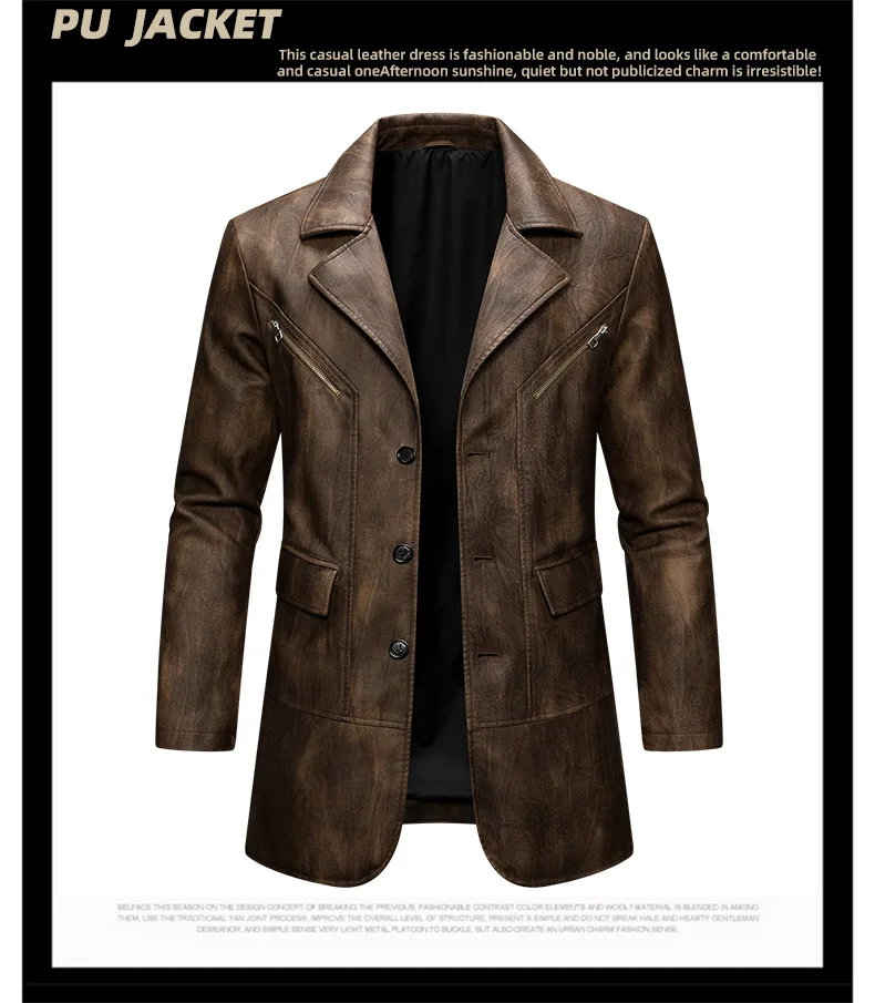 Herren-Ledermantel Herbst Winter Amerikanischer Retro-Stil Umlegekragen Herren-Oberbekleidung Mittellang Einreihig Langarm Herrenjacke – Detail 6