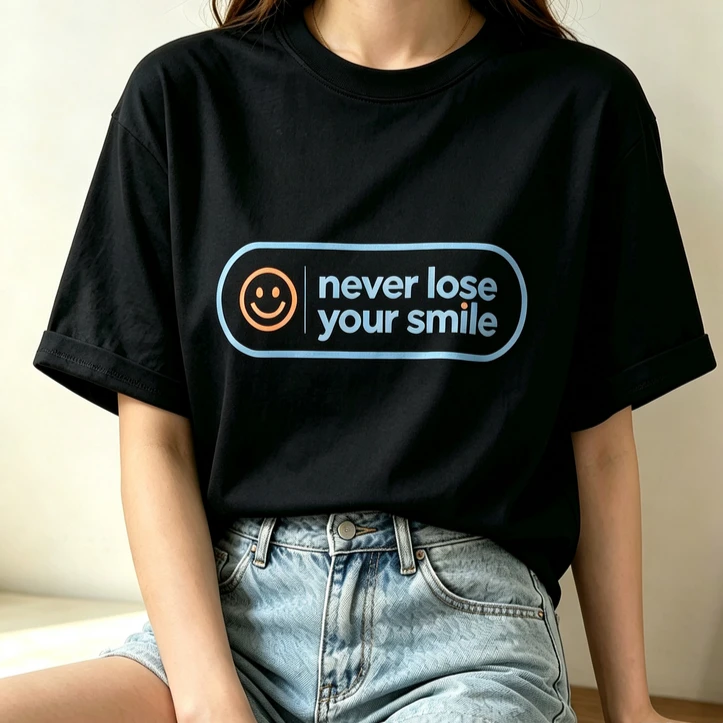 Retro Label Smiley Face T Shirt for Women Never Lose Your Smile Positive Slogan Oversized Cotton Casual Street Fashion Tops Y2k