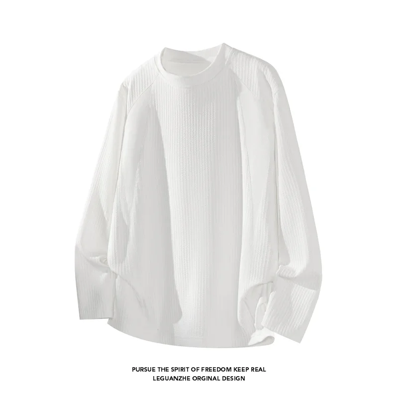 Mens Casual Crew Neck Long Sleeve T Shirt Vertical Rib Weave Loose Cut For Weekend Gathering Outing Scenes