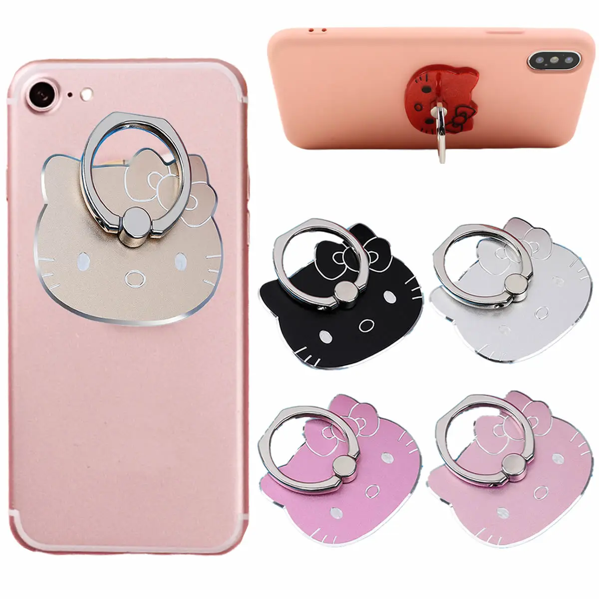 Hello Kitty Phone Holder Metal Support for Applicable To All Mobile Sanrioed Phone Folding Finger Stand Socket Girl Gift Kid Toy