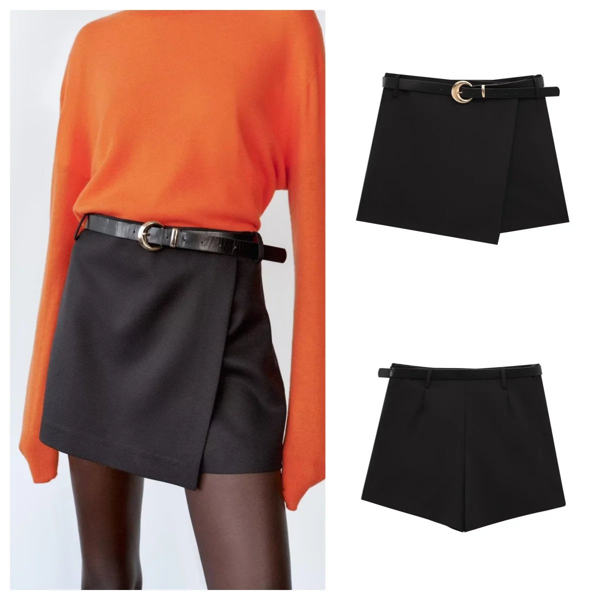 

European and American style 2025 new style with belt asymmetrical high waist skirt pants fashionable versatile shorts