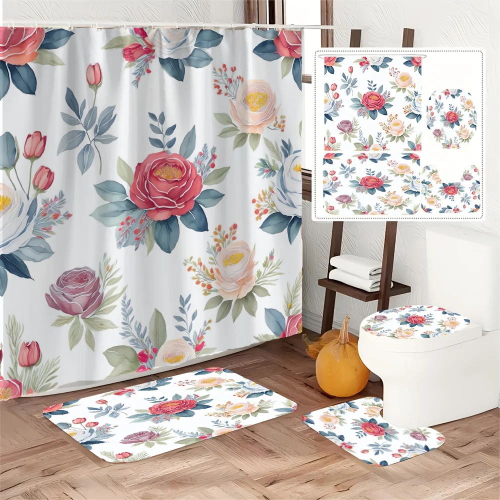

4pc Watercolor Rose Bathroom Set - Shower Curtain + Rug + Toilet Seat, U-Shaped Mattress, Romantic Floral Decoration