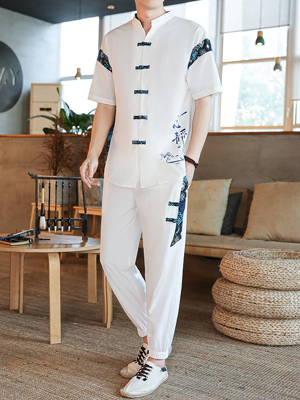 

Cool Sensation Thin ort Sve Men's T-irt Set Summer Casual Sportswear National Sle Tang Costume Polyester Fiber