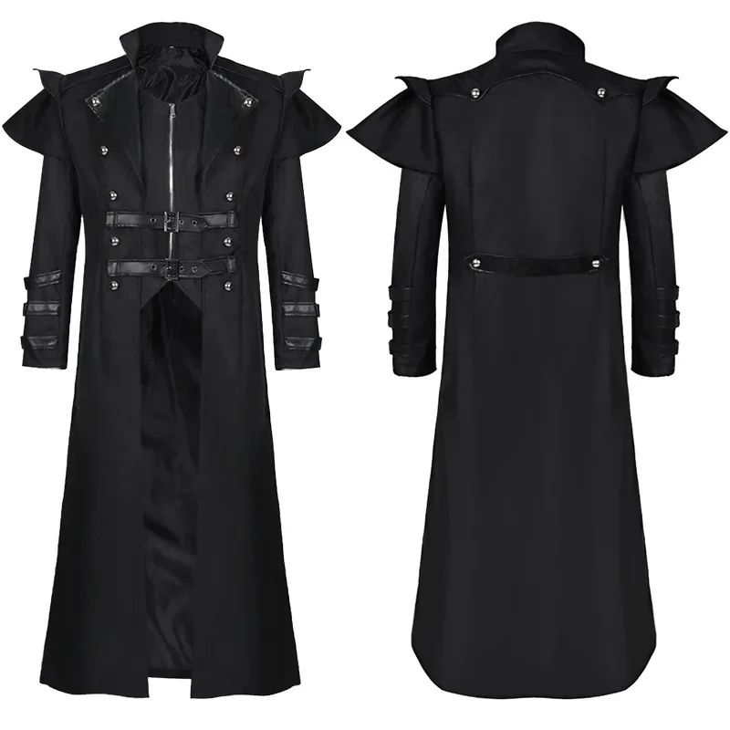 Halloween medievale Vintage lungo nero giacca uomo vestiti gotico Steampunk Costume Punk Trench Oversize Retro Warrior Knight Coat