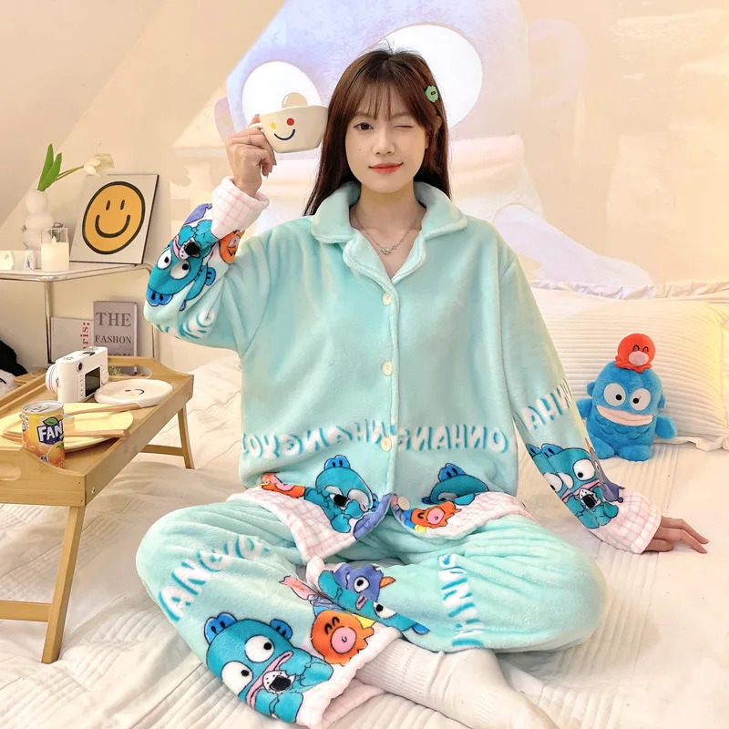 Sanrio Kit Girl Flannel Cardigan Flip Collar Keep Warm Pajama Set Kawaii Hangyodon Comic Student Thickening Go Out Leisure Wear