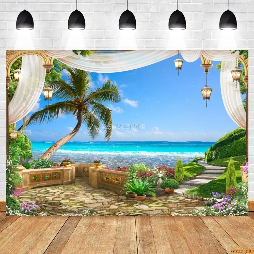 Летний морской пейзаж фон морской пляж балкон тропическая пальма замок натуральный фон для фотосъемки Декор фотостудия
