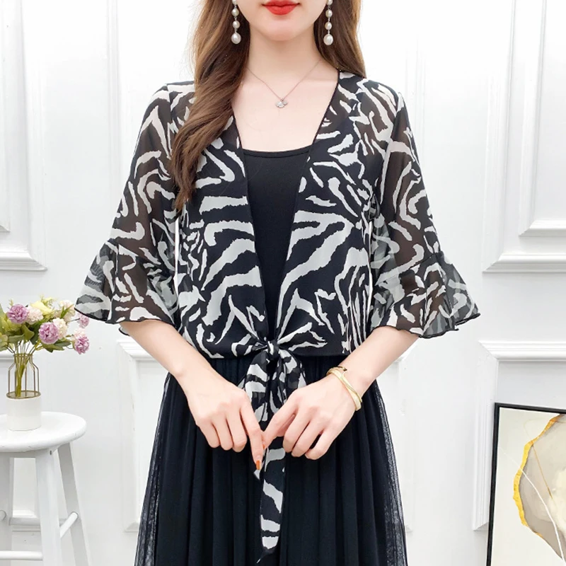 Fashion Zebra Print Chiffon Women\'s Sunscreen Shawl Summer Cardigan Thin Outer Jacket Blouses Neck Guard Cloak Sun Scarf R23