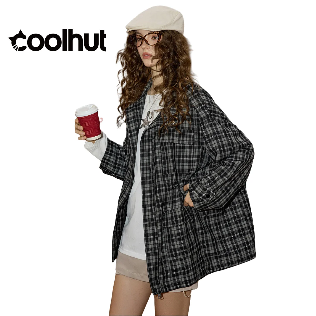 

COOLHUT Women's Vintage Plaid Trench Coat Windbreaker Utility Style Loose Fit Drawstring Waist Casual Fall Outerwear Versatile