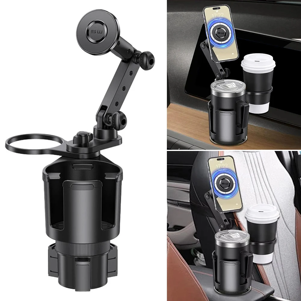 2 in1 Car Cup Holder Expander Phone Mount 360 Degree Adjustable Base Drink Holder Anti-Shake Stable Auto Bottle Holder Organizer