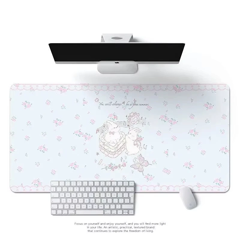 Cute Cartoon Bunny Elegant Floral PU Leather Desk Mat Office Mouse Pad Computer Type Carpet Mat Laptop Non-Slip Desk Blotter Pad