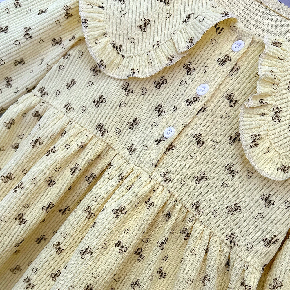 Sukienki dziewczęce Bear Leader Jesień Beżowy Urocza Lalka Dekolt Casual Kokarda Nadruk Długi Rękaw Modne Codzienne Ubrania Dziecięce