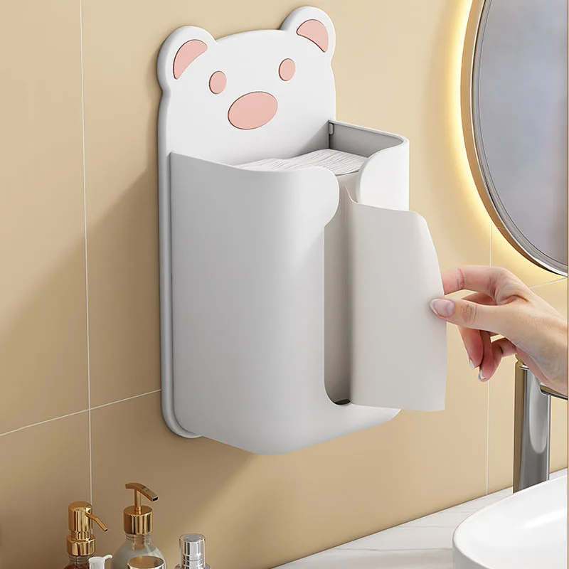 

Cute Bear Punch-free Tissue Box Kitchen Napkin Home Wall Mounted Paper Box Plastic Storage Box Bathroom Waterproof Tissue Box