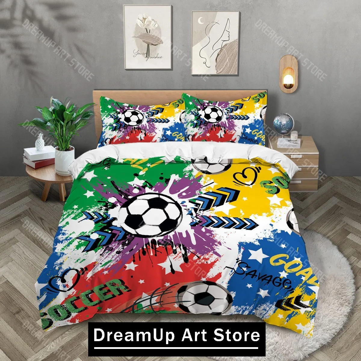 3-piece set, colorful football pattern printed duvet set, queen, king, double bed, party funny and creative bedding set