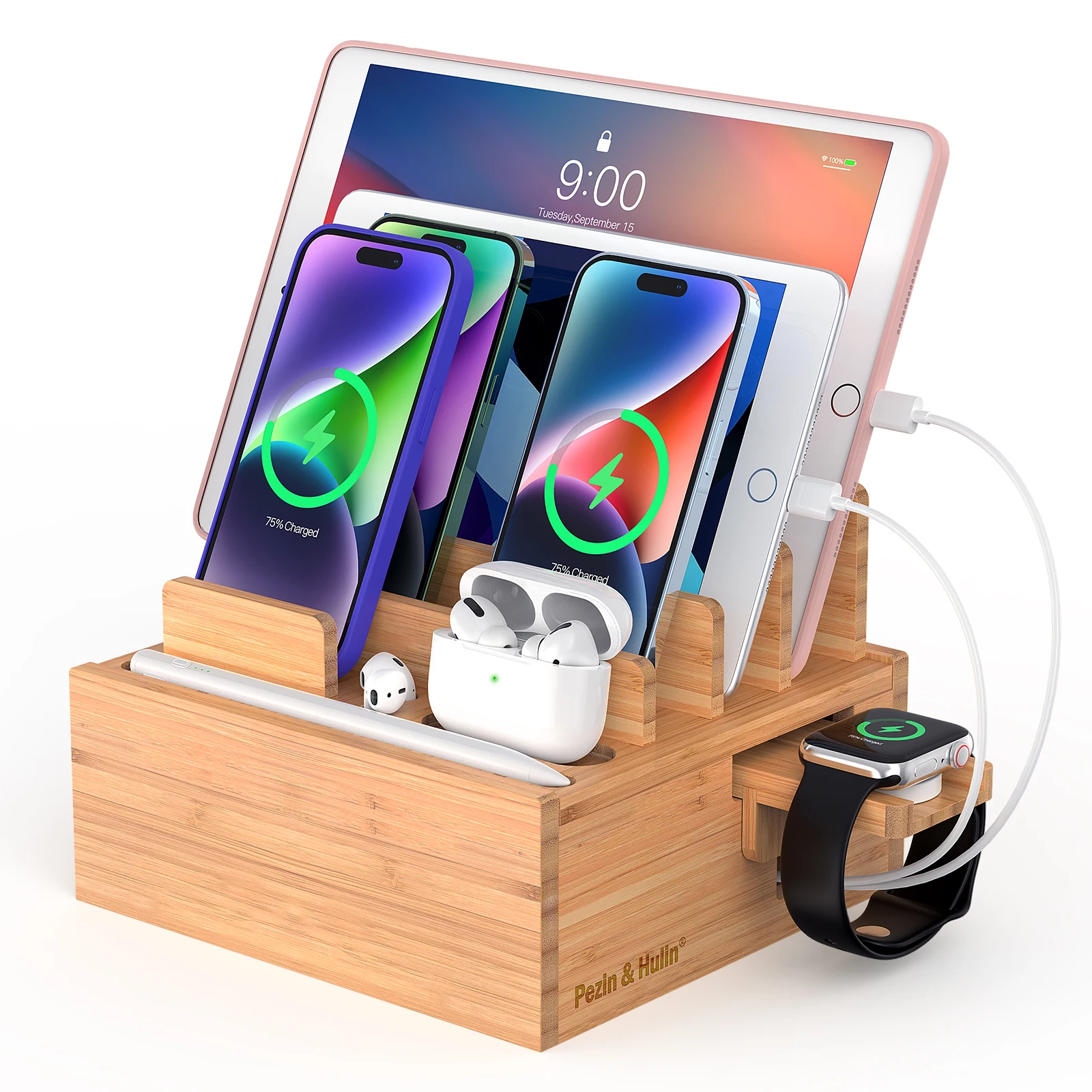 Bamboo Charging Station for Multiple Devices, Desktop Docking Stations Holder for Cell Phone, Tablet, SmartWatch & Earbuds Stand