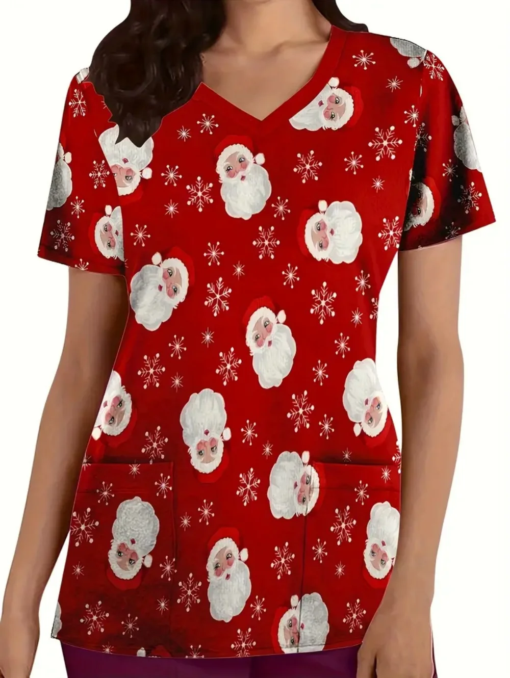 Świąteczne uniformy medyczne damskie, uroczy nadruk z kreskówkami, letni styl, krótki rękaw, z kieszeniami, odzież medyczna dla kobiet.