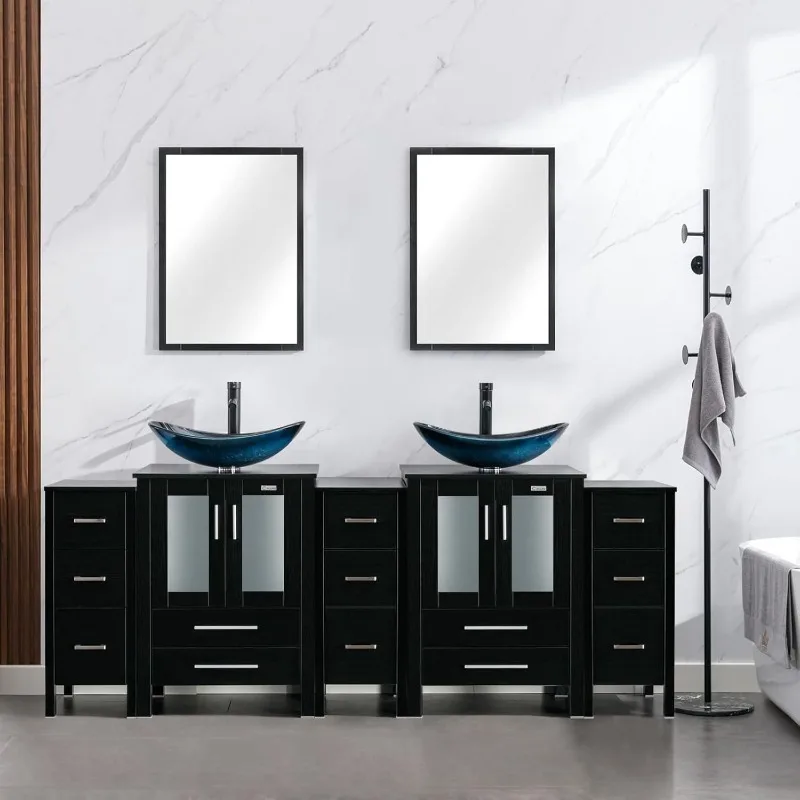 

84" Modern Bathroom Vanity Sink Combo Black W/Small Side Cabinets Blue Boat Glass Vessel Sink & Water Save Faucet & Pop U