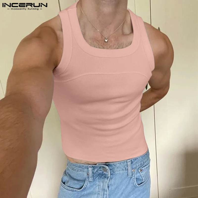 INCERUN Men Tank Tops Solid Color O-neck Sleeveless Fitness Casual Male Vests Streetwear Summer 2024 Fashion Crop Tops Men S-5XL