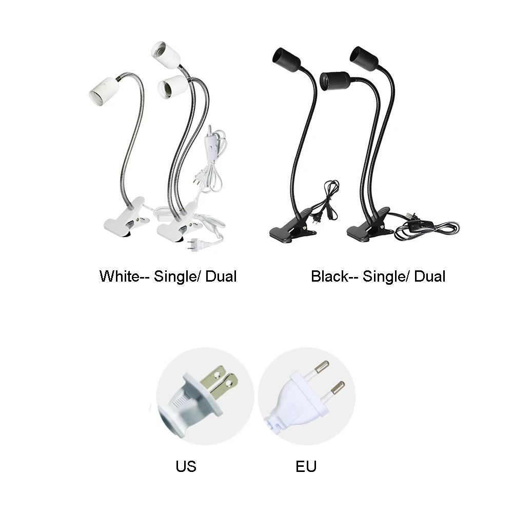 E27 Base 360 Degree Flexible Desk Lamps Holder Lights Socket Gooseneck EU/US Plug Home Plant Clip On Cable With On Off Switch