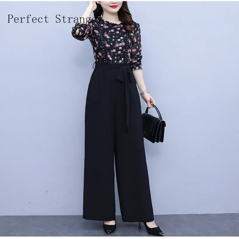 

2025 Spring Women Jumpsuit Long Sleeve V Neck Flower Printed Nipped Waist Loose Wide Legs Casual Pants Romper High Streetwear