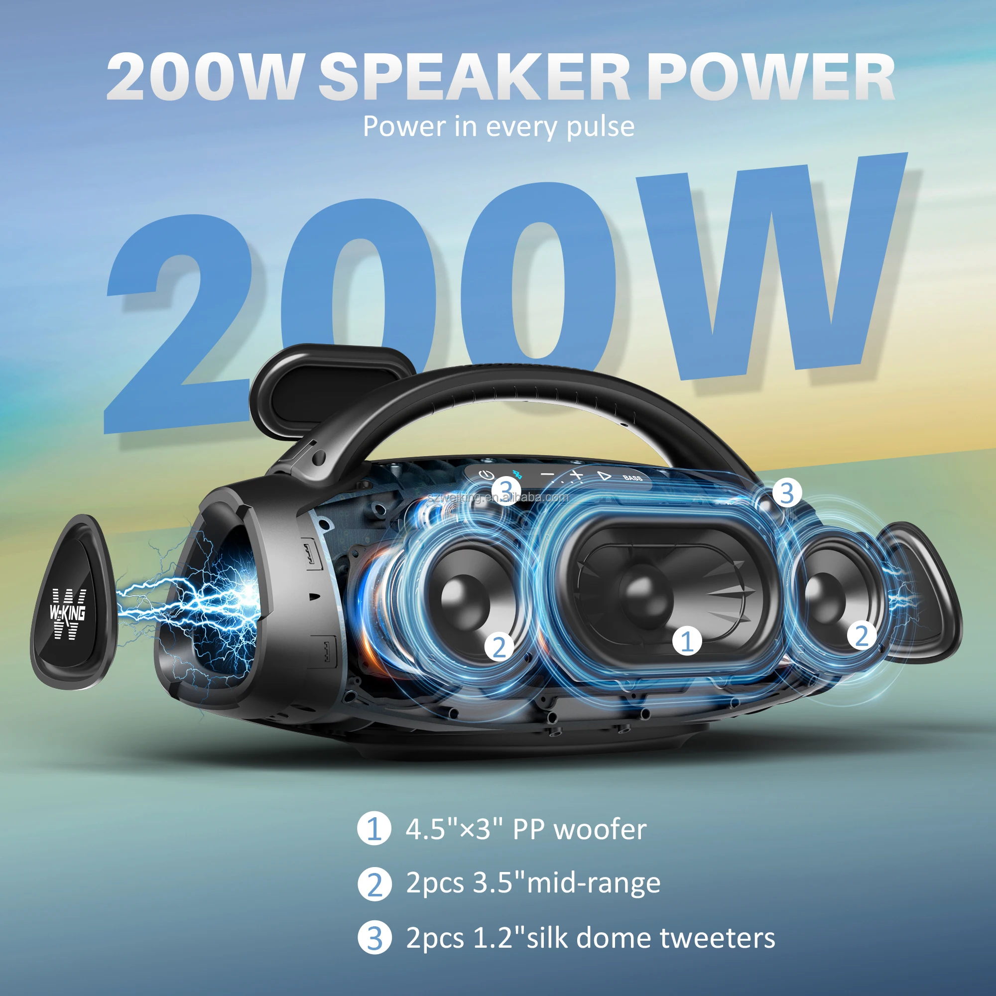 W-KING Latest D20 Powerful 200W Super Bass IPX6 Waterproof Outdoor boombox wireless Bluetooth speaker, with fast charging