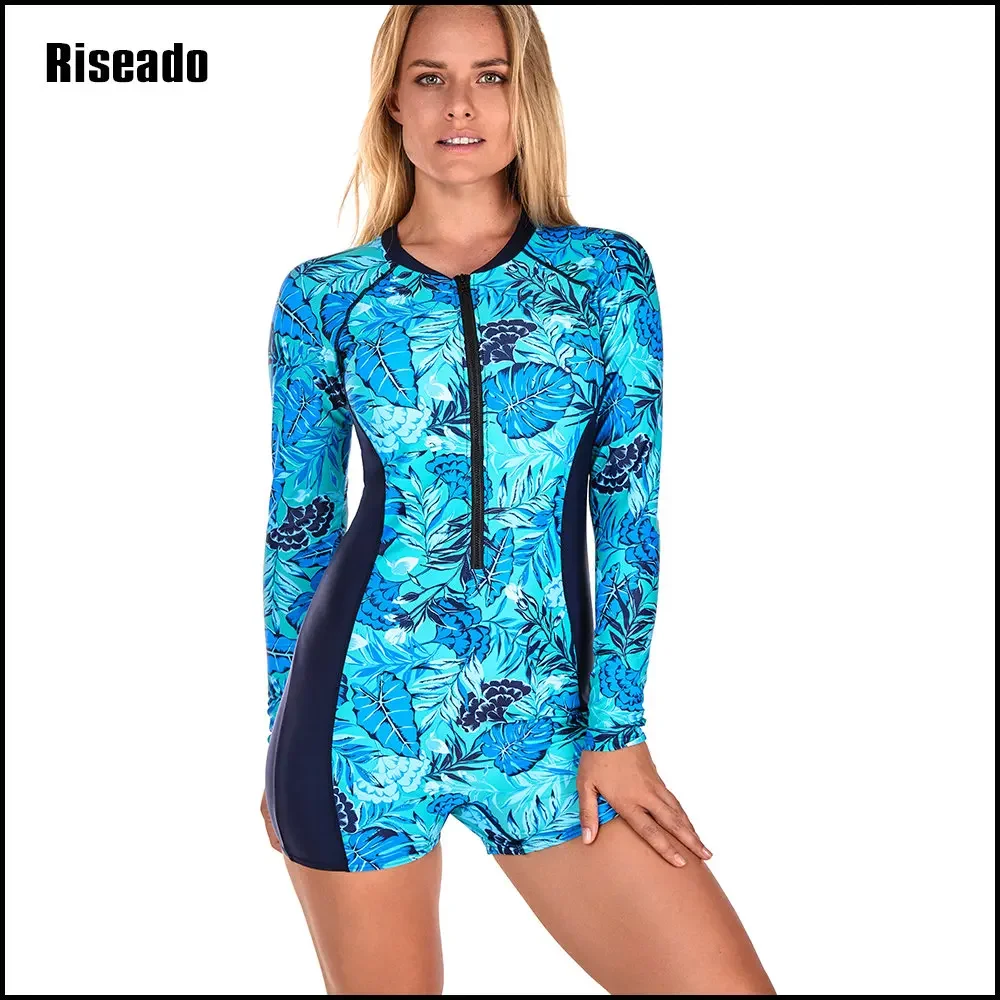 

Long Sleeve Swimwear Women One Piece Leaf Print Swimsuits Rashguard Bathing Suits Beachwear for Surfing (UPF 50+)