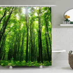 1pc Forest Shower Curtain Bathroom Partition Decorative Curtain Machine Washable Green Scenery Print Window Privacy Curtain