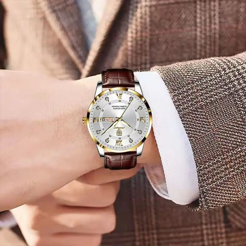 POEDAGAR ساعة يد رجال الأعمال الفاخرة مقاومة للماء من الجلد المضيء ساعة كوارتز رجالية عالية الجودة ساعات عصرية للرجال هدية