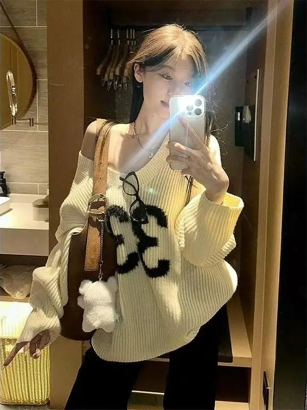 

Laid-ba Sle женский трикотаж с v-образным вырезом, длинный свек, модный свободный свитер в американском стиле ретро, осенний свитер с цифровой вышивкой