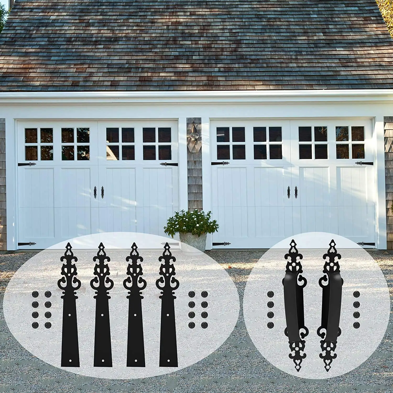 Metal Garage Door Decorative Hardware Hinges Carriage House Accents Screw Mounted 6 PCS Black Multiple Styles