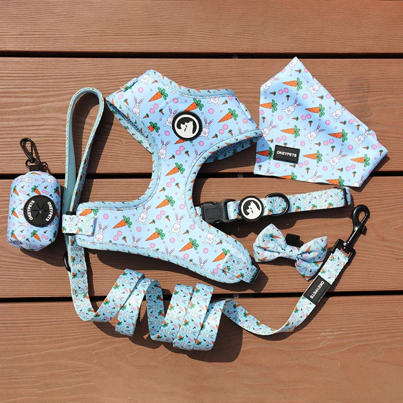 

Breathable soft custom luxury dog backpack pattern puppy pet neoprene dog harness set and collar leash set