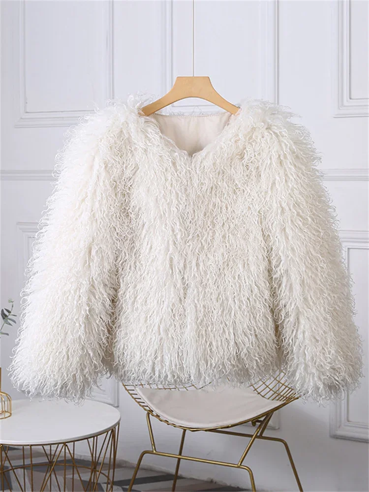 2025 Winter Female Fluffy Faux Fox Fur Jacket Overcoat Loose Luxury Long Sleeve High Waist Patchwork Coat Women's Outwear